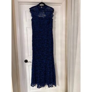 Eliza J Blue Black Floral Lace Gown Dress Size 12 Mock Neck Open Back Formal‎